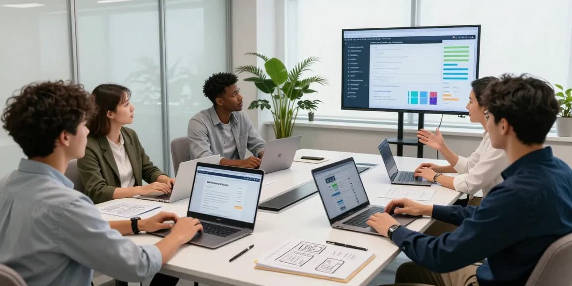 Team collaborating in a modern workspace with WPS Official Website displayed on laptops, fostering innovation and teamwork.
