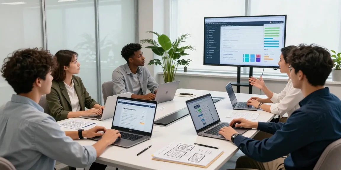 Team collaborating in a modern workspace with WPS Official Website displayed on laptops, fostering innovation and teamwork.