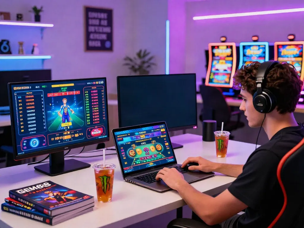 Engaged player enjoying GEM88's online gaming and betting experience from a vibrant home office.