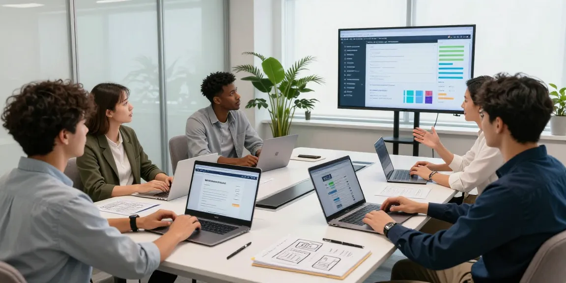Team collaborating in a modern workspace with WPS Official Website displayed on laptops, fostering innovation and teamwork.