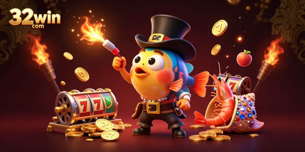 Win big at 32win com with vibrant casino-themed 3D illustration showcasing unique characters and exciting games.
