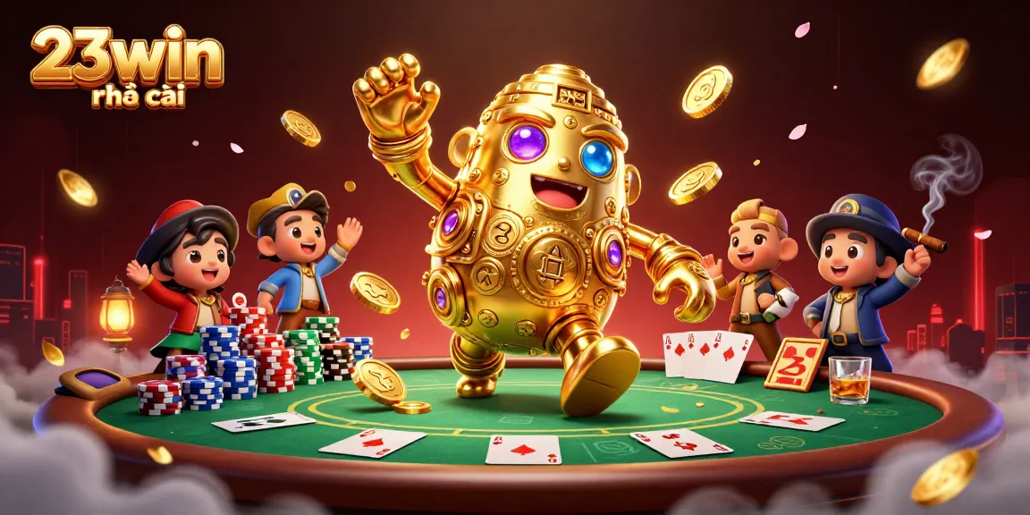 Engage with 23win nhà cái: a golden golem and vibrant casino elements in a rich gaming scene.
