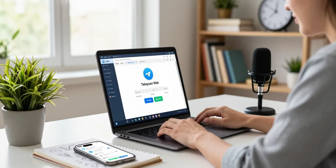 Professional using Telegram Web Version on laptop in a modern home office with stylish decor.