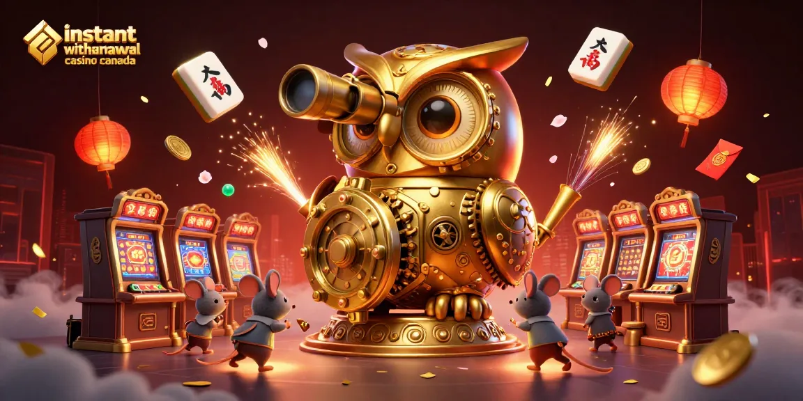 Experience the thrill of winning at an instant withdrawal casino Canada, where golden owls oversee rapid payouts amidst vibrant casino elements.