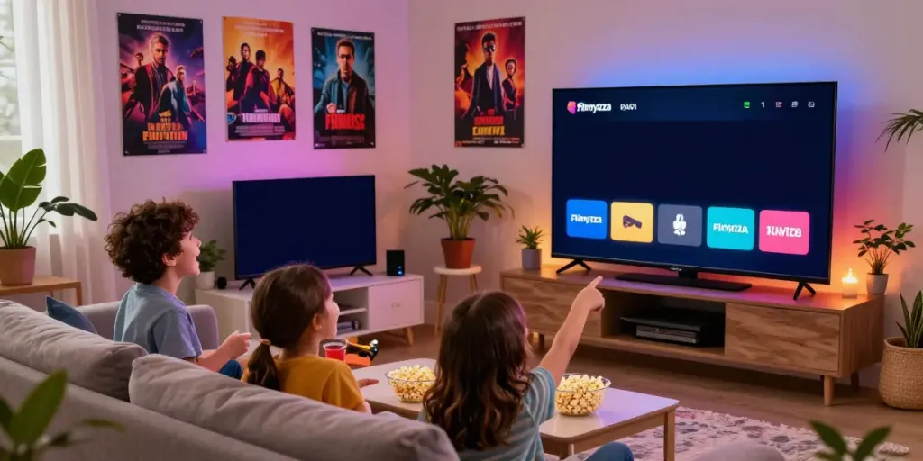 Family enjoying movie night using filmyzilla.media app on smart TV in cozy living room