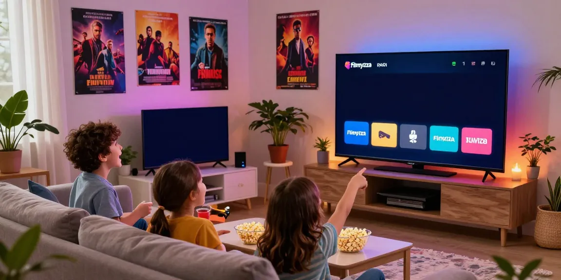 Family enjoying movie night using filmyzilla.media app on smart TV in cozy living room