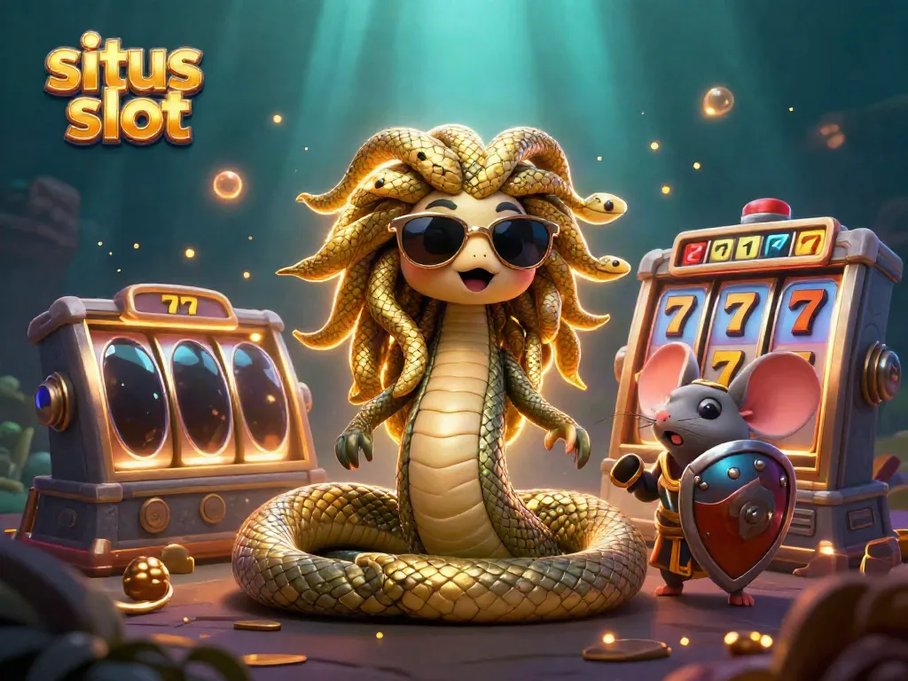 Engage in situs slot gaming with Medusa and a warrior mouse among colorful slot machines.