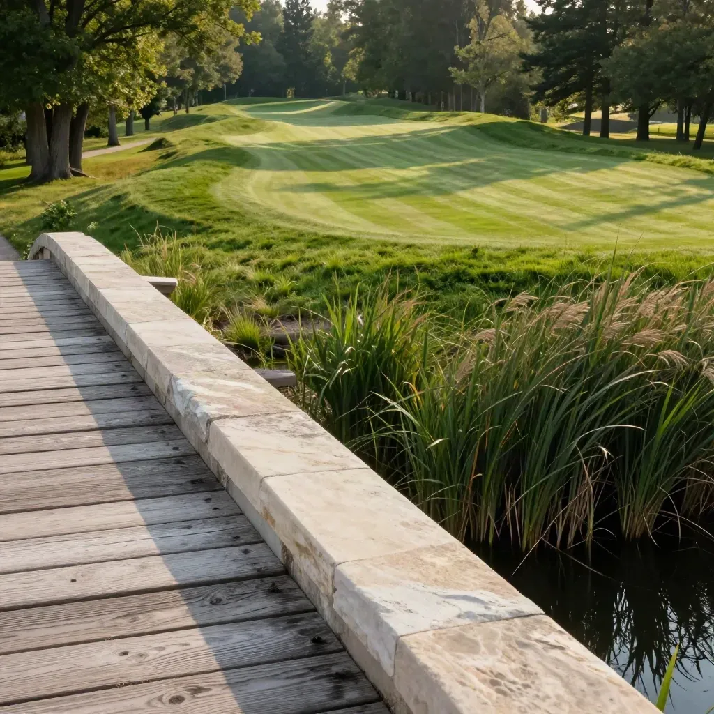 Oblique view of an Ontario golf green beside a creek bridge under poplars and warm afternoon haze.