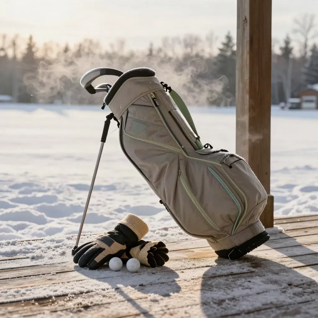 Winter golf bag, gloves, layers and balls on frosted decking beside a quiet course