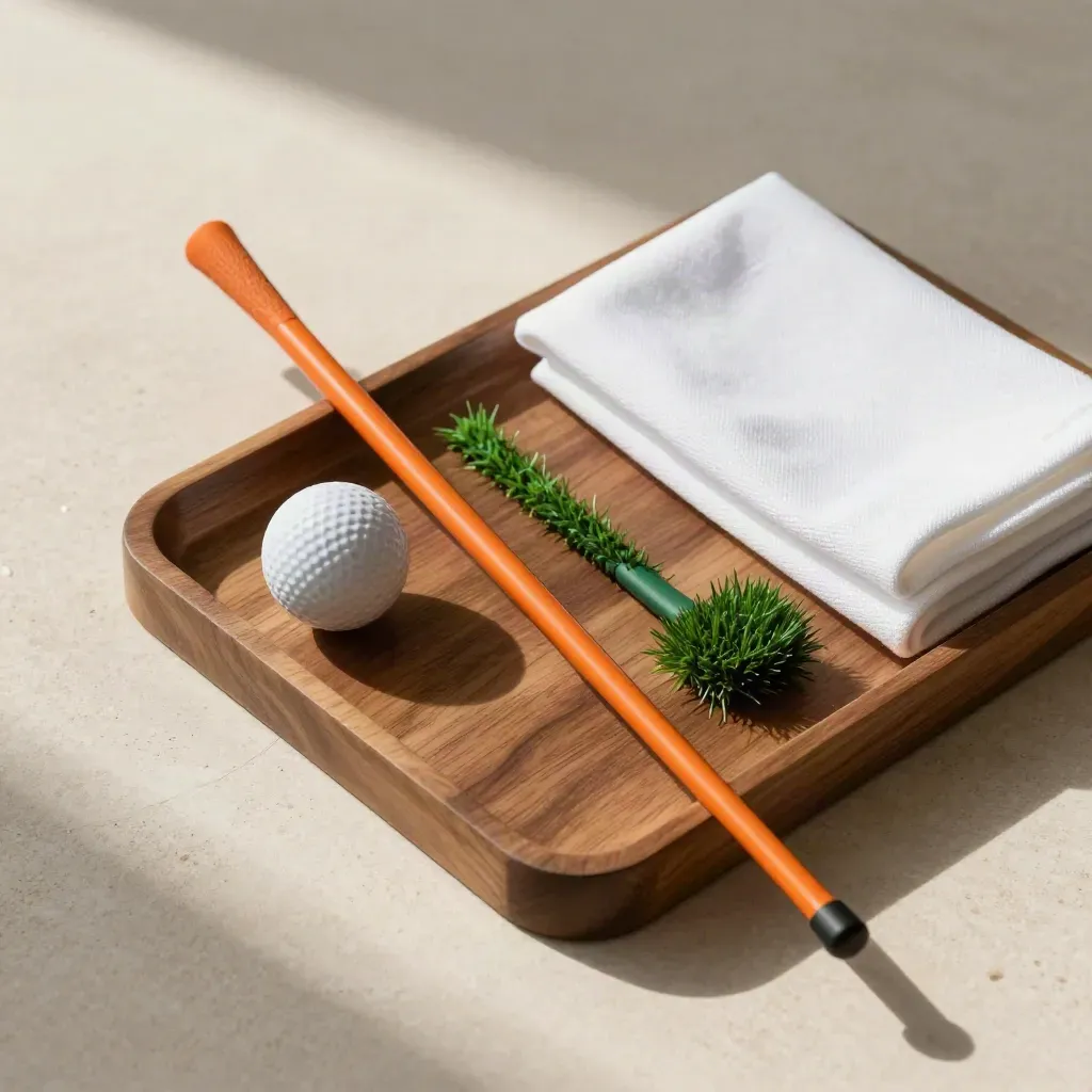 Golf swing tips tools on a walnut tray with orange stick, ball, turf wedge and cloth