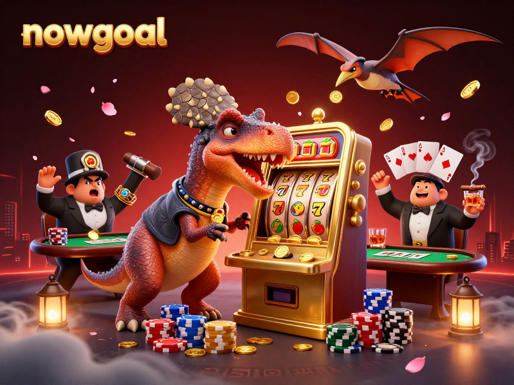 nowgoal casino-themed illustration with dinosaurs in dynamic gambling scene showcasing a jackpot payout.