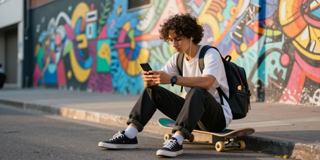 Creative youth enjoying urban street culture with rokok88 style.