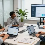 Team collaborating in a modern workspace with WPS Official Website displayed on laptops, fostering innovation and teamwork.