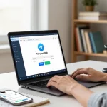 Professional using Telegram Web Version on laptop in a modern home office with stylish decor.