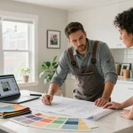 General contractor Toronto discussing home renovation plans in a bright kitchen with blueprints and materials