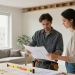 General contractor Toronto discussing renovation plans with homeowner in modern apartment.
