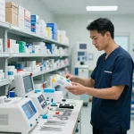 Medical equipment suppliers organizing a professional medical supply warehouse.