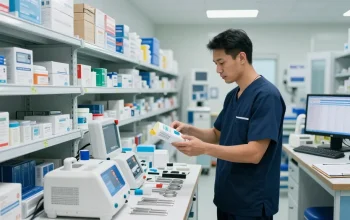 Medical equipment suppliers organizing a professional medical supply warehouse.