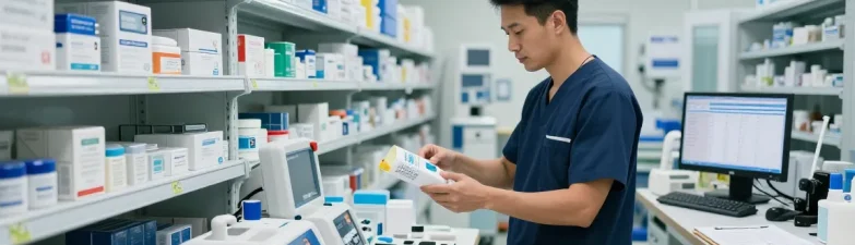 Medical equipment suppliers organizing a professional medical supply warehouse.
