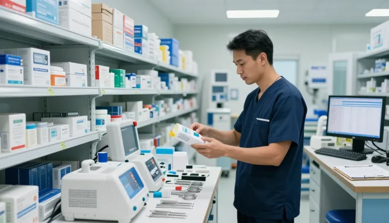 Medical equipment suppliers organizing a professional medical supply warehouse.